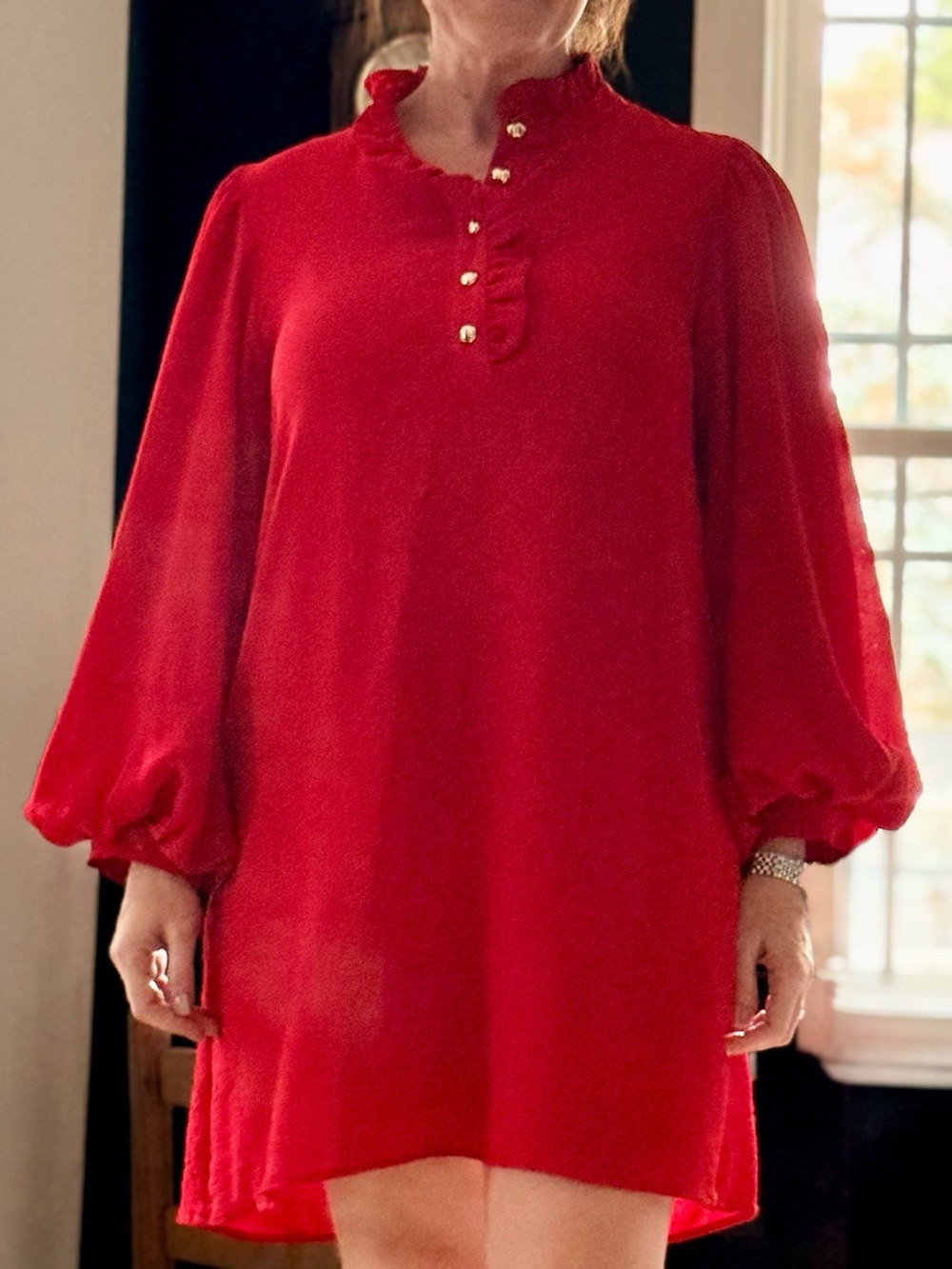 Red Ruffle Neck Button Shift Dress